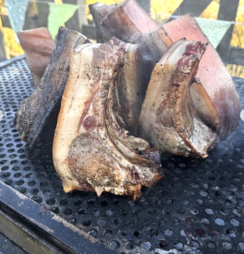 Hog roast on the grill at Street Croft Farm
