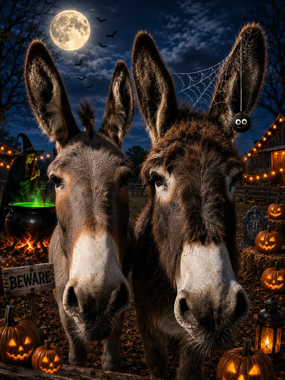 Two donkeys in Halloween costume at Street Croft Farm