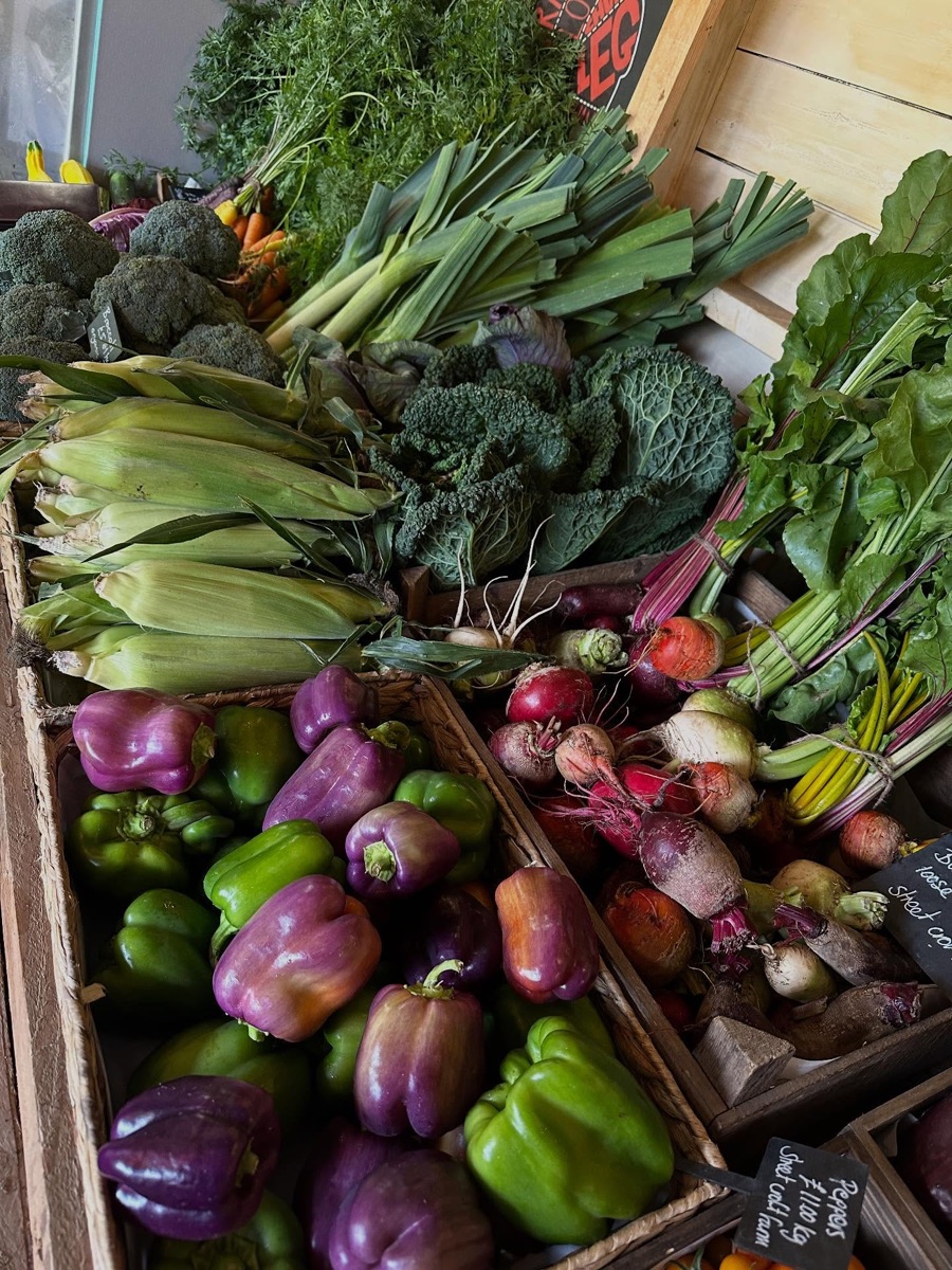 Baskets of peppers, rainbow beetroot and chard in the farm shop