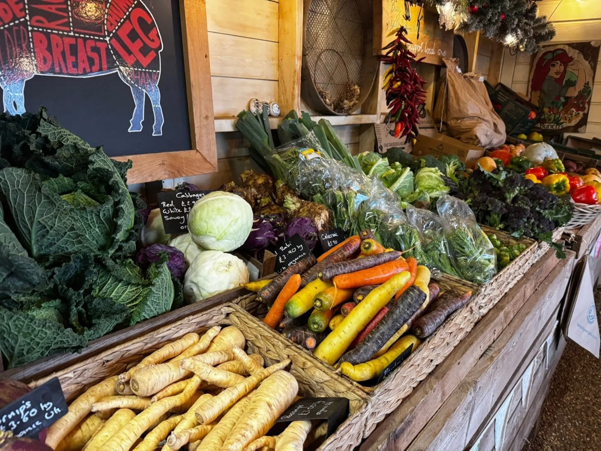 Savoy cabbage, rainbow carrots, parsnips and purple sprouting broccoli on the veg counter